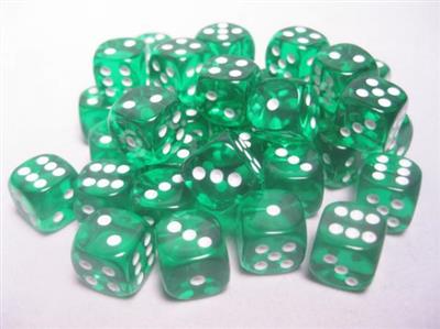 Chessex Translucent 12mm d6 Dice (36 Dice) - Green w/white