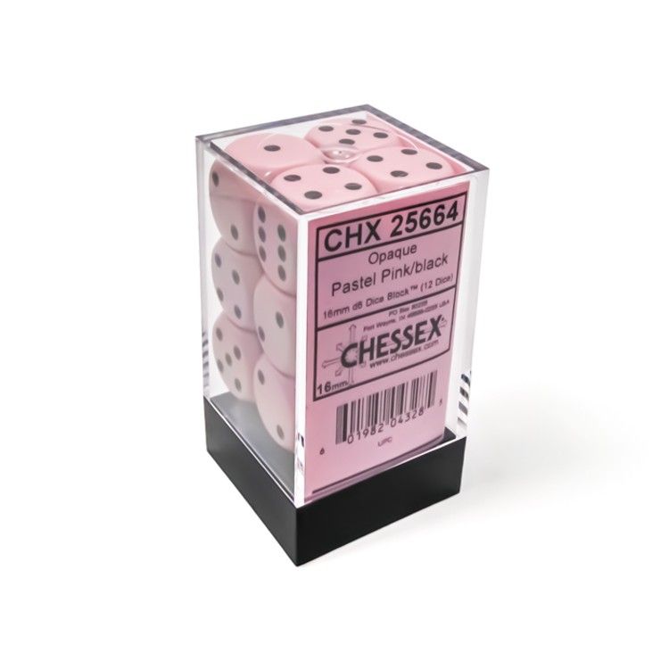 Chessex Opaque Pastel Pink/black 16mm d6 (12 dice)