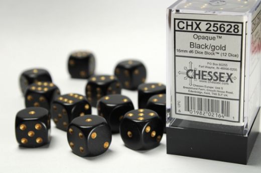 Chessex Opaque 16mm d6 (12 Dice) - Black/gold