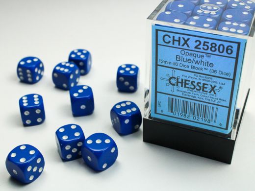 Chessex Opaque 12mm d6 (36 Dice) - Blue/white