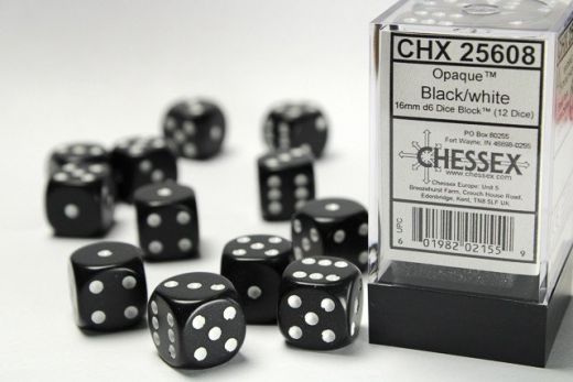 Chessex Opaque 16mm d6 (12 Dice) - Black/white