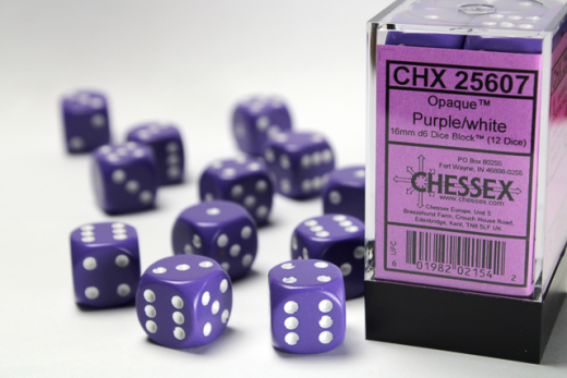 Chessex Opaque 16mm d6 (12 Dice) - Purple/White