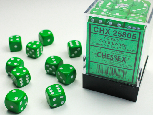 Chessex Opaque 12mm d6 (36 Dice) - Green/White