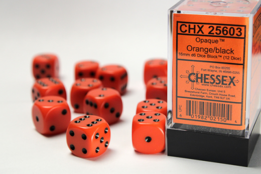 Chessex Opaque 16mm d6 (12 Dice) - Orange/Black